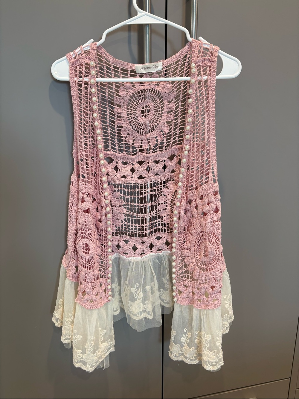 Paisley Vine Pink Crochet Lace Pearl Vest Boho Fairycore Coquette size S/M